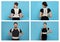 Collage with photos of people with orthopedic corsets on light blue background