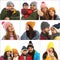 Collage with photos of people wearing warm clothes on background. Winter vacation