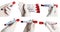 Collage with photos of scientists holding test tubes with blood samples on white background, closeup