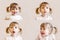 Collage of photos with sly kid girl with pigtails hair closeup face emotional portraits