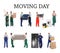 Collage with photos of workers carrying furniture and appliances on background. Moving service
