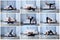Collage of photos with yoga poses: side body stretch, paschimottanasana, mermaid, halfway lift, halfway lift, pyramid,