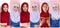 Collage with photos of young Muslim women on color backgrounds. Banner design