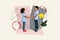 Collage picture of two cheerful small kids hold arms look each other big fresh flower isolated on painted background