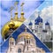 Collage pictures of gold cupola of Russian orthodox churches