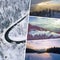 Collage of pictures on the theme of winter. Landscape from above. Travel background