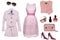 Collage pink woman clothes. Set of a stylish and trendy women trench coat, sleeveless evening dress with lace, cashmere sweater or