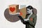 Collage pinup pop sketch image of confident lady ordering humanitarian aid isolated painting background