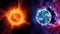 Collage of planets and stars in space. Beautiful bright glowing planets in outer space with nebula