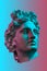 Collage with plaster antique sculpture of human face in a pop art style. Creative concept colorful neon image with