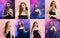 Collage of portrait of artistic professional female jazz singer isolated over multicolored background