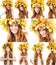 Collage of portrait of girl with autumn wreath of maple leaves on the head on isolated white background