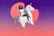 Collage portrait of overjoyed positive girl sit ride unicorn have good mood isolated on imagine drawing night sky
