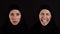 Collage portrait of young emotional muslim woman in hijab looking tranquil at camera and screaming loudly, slow motion