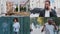 Collage portraits of african man caucasian woman business people friends partners chatting by mobile phone in city men