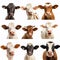 Collage of portraits of cows of different breeds and colors, for advertising livestock products