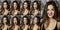 Collage of portraits of different emotions women brunette on dark background