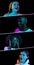 Collage of portraits of four young people isolated over black background in neon light.