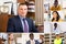 Collage of portraits of mixed age group of focused business professionals