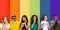Collage of portraits of multiethnic, mixed age group of people forming a pride flag