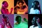 Collage of portraits of six african young people in white headphones isolated over multicolored background in neon