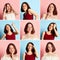 Collage. Portraits of young beautiful brunette girl posing with diversity of emotions against pink blue studio