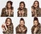 Collage. Portraits of young beautiful girl posing in stylish animal print coat with dark red lips  over white