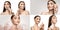 Collage. Portraits of young beautiful woman with nude makeup posing isolated over grey and white background