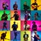 Collage of portraits of young musicians on multicolored background in neon