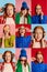 Collage. Portraits of young redhead girl posing in different clothes over multicolored background. Emotive. Lifestyle