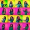 Collage of portraits of young woman on multicolored background in neon