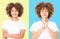 Collage of praying and smiling young afro american girl. African woman in summer shirt isolated on colorful background. Copy space
