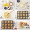 Collage of preparation of lemon muffins with blueberries and streisel on a white wooden background. Recipe step by step.