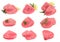 Collage with raw tuna steaks on white background