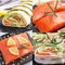 Collage of Salmon fillet and Rolls of thin pita bread and red salted salmon with lettuce leaves