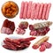 Collage of sausages and deli meats isolated on white