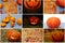 Collage of scary pictures for Halloween, different pumpkins and cake. Horizontal orientation