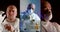 Collage of a scientist virologist in a medical mask and protective overalls. Work to study the properties of a new virus