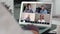 Collage screen view of four diverse people looking talking to webcam making video call. Group distance chat, remote