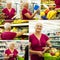 Collage with senior woman in groceries store