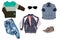 Collage set of children clothes. Denim jeans or pants, a pair shoes , a rain jacket, shirt and a sweater for child boy isolated on