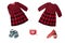 Collage set of children clothes. Red checkered dress and shoes f