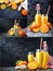 Collage set Freshly squeezed orange juice in glass bottle