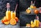 Collage set Freshly squeezed orange juice in glass bottle