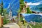 Collage set Hallstatt in mountain Alps Austria Street ancient on