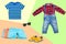 Collage set of little boy summer clothes on a colorful bright background. The collection of three summer shorts, a pair yellow