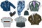 Collage set of little boys spring clothes isolated on a white background. Denim trousers or pants, a pair of shoes, a rain and
