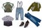 Collage set of little boys spring clothes isolated on a white background. Denim trousers or pants, a pair of shoes, a rain jacket