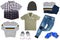 Collage set of little boys spring clothes isolated on a white background. Denim trousers or pants, a pair of shoes, sneaker, cap,