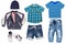 Collage set of little boys spring clothes isolated on a white background. Denim trousers or pants, short jeans, sneaker, a rain